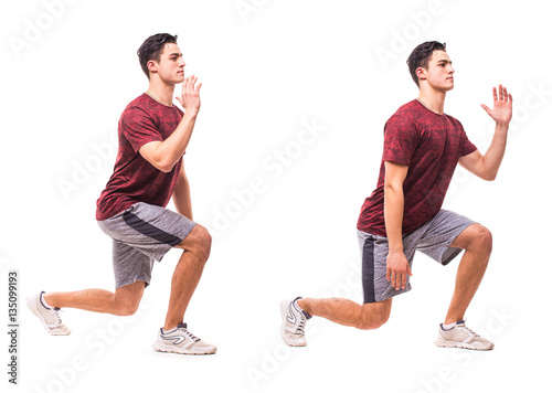 Split Jump. Young man doing sport exercise.