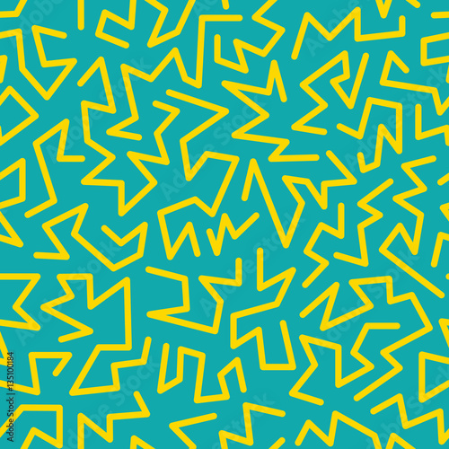 Trendy memphis style seamless pattern inspired by 80s, 90s retro fashion design. Colorful festive hipster background. Abstract doodle illustration from eighties. Blue and yellow color.