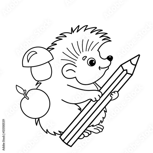 Coloring Page Outline Of cartoon hedgehog with pencil. Coloring book for kids