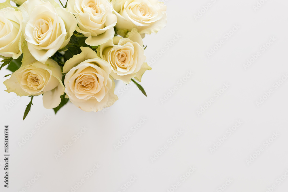 High angle view of cream roses in vase against white table (selective focus)