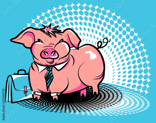 Business smug piggy. Vector illustration of a fat pink pig in a tie with an office briefcase on Ben-Day dots