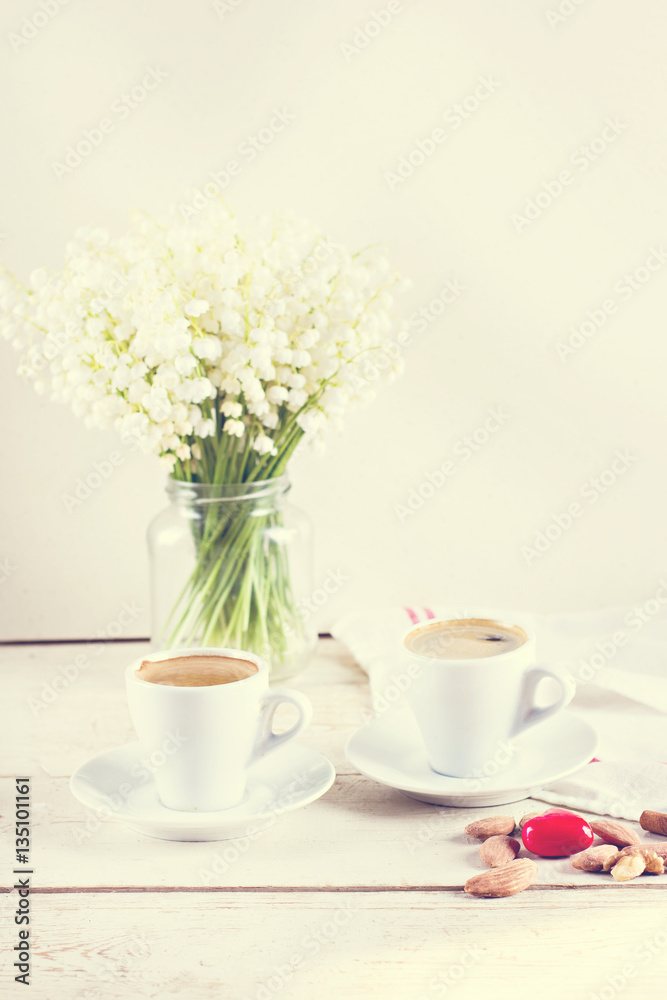 espresso, heart and bouquet of flowers