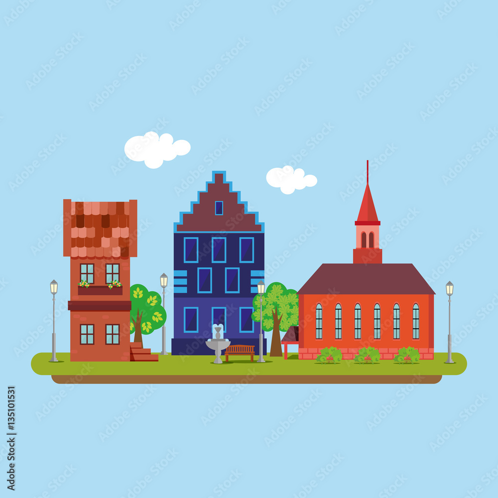 Image of a country town in a flat style. Urban landscape. Vector, illustration EPS10.