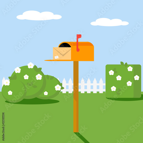 Open the mailbox with a letter set on a green lawn with grass shrubs and flowers. Vector, illustration EPS10.