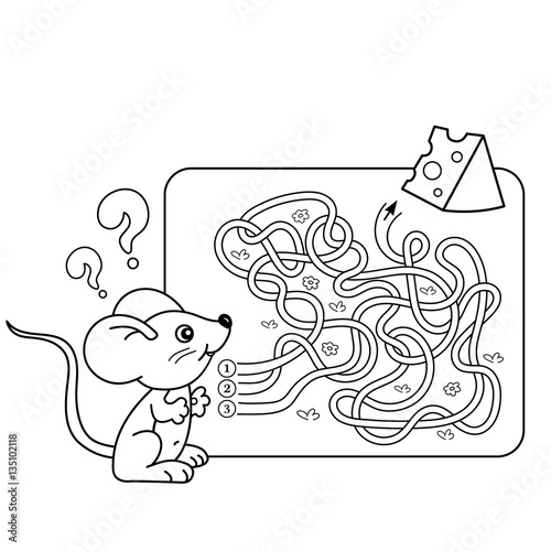 Cartoon Vector Illustration of Education Maze or Labyrinth Game for Preschool Children. Puzzle. Tangled Road. Coloring Page Outline Of little mouse with cheese. Coloring book for kids.
