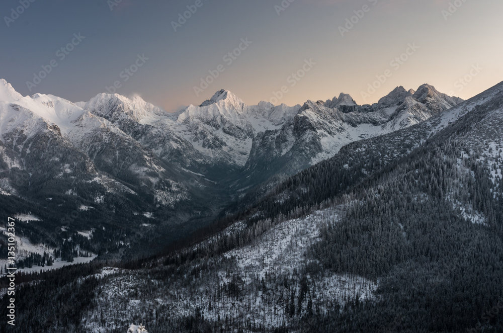 Winter Tatra mountains,High Tatra range over Rybiego Potoku Valley, Poland, Slovakia