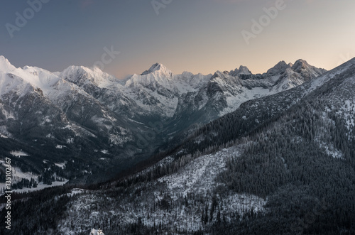 Winter Tatra mountains,High Tatra range over Rybiego Potoku Valley, Poland, Slovakia