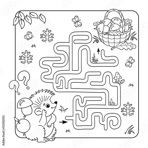 Cartoon Vector Illustration of Education Maze or Labyrinth Game for Preschool Children. Puzzle. Coloring Page Outline Of hedgehog with basket of mushrooms. Coloring book for kids.