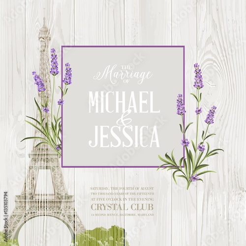 Marriage invitation card with floral garland and calligraphic text. Eiffel tower with blooming spring flowers over old wooden background. Vector illustration.