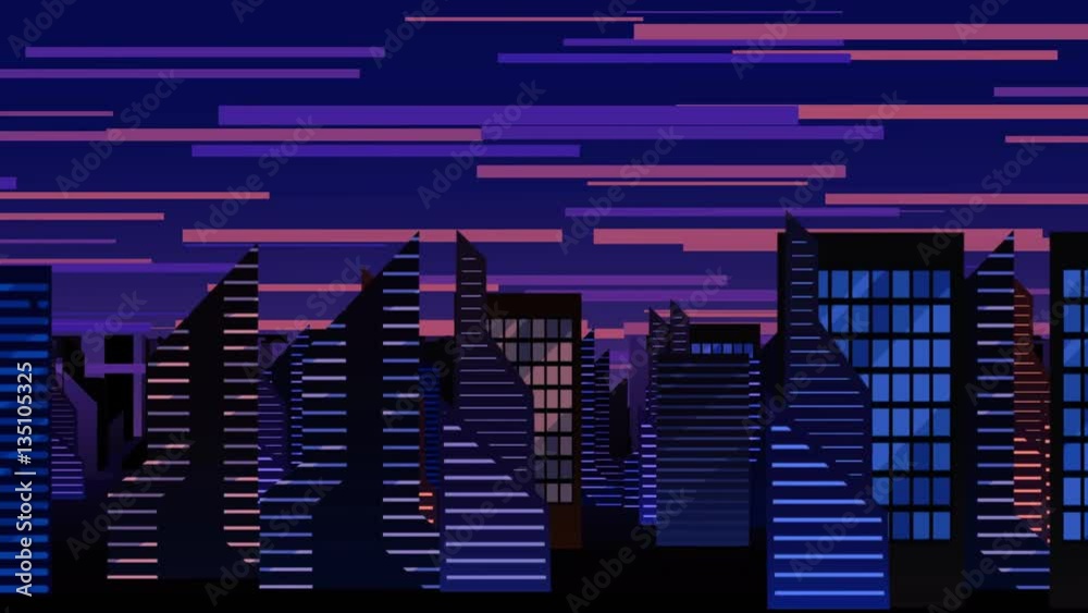 An animated cartoon of a city pan showing cluttered tall buildings