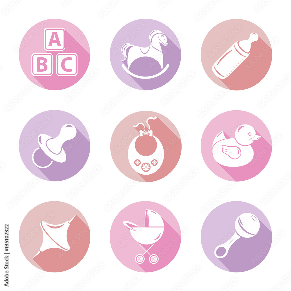 A set of nine icons on the theme of birth and babies. A set of nine icons on the theme of birth and babies.