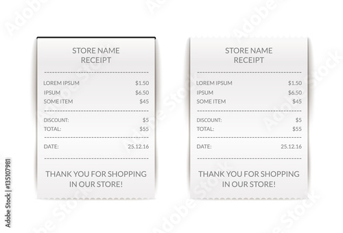 Vector paper atm check illustration. Financial receipt bill. Cafe or restaurant payment sign. Document list