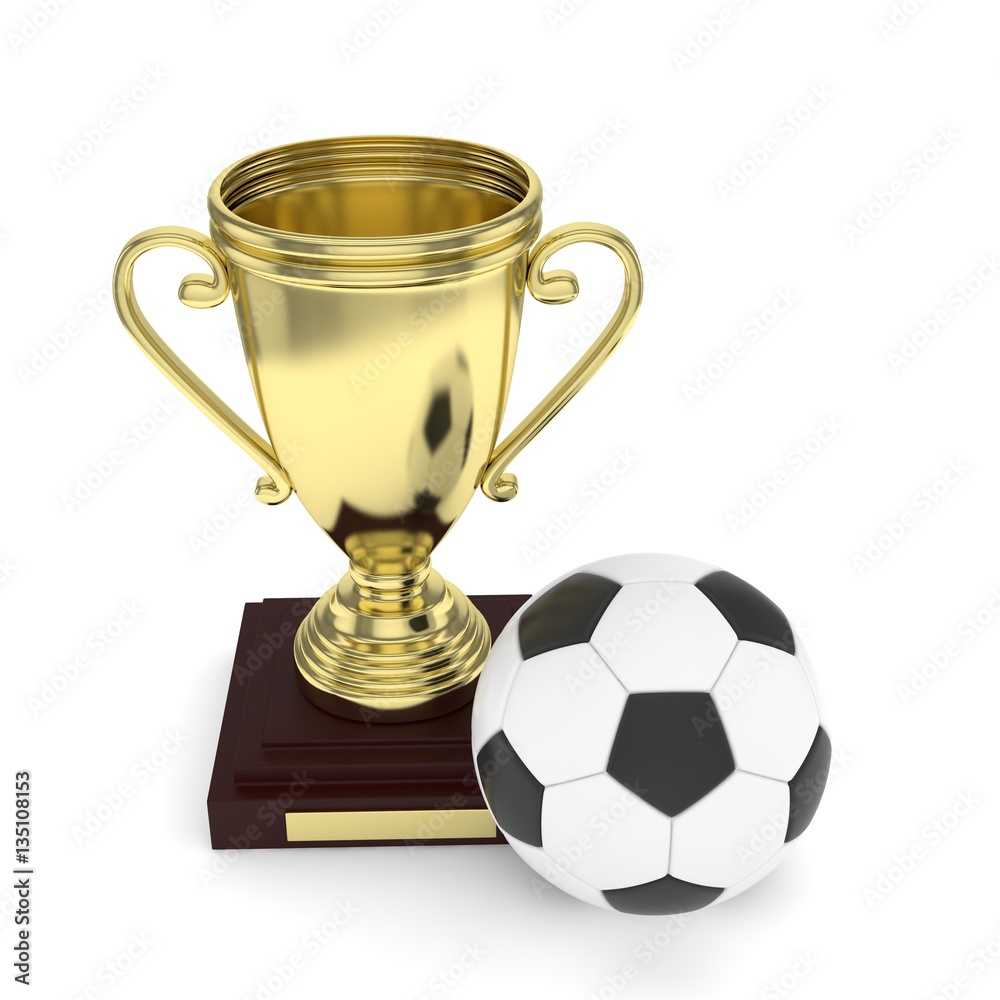 Isolated golden cup with ball on white background. Soccer and football. First place trophy. Game and competition. 3D rendering