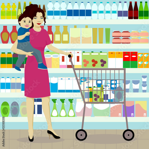 Mother and son in grocer