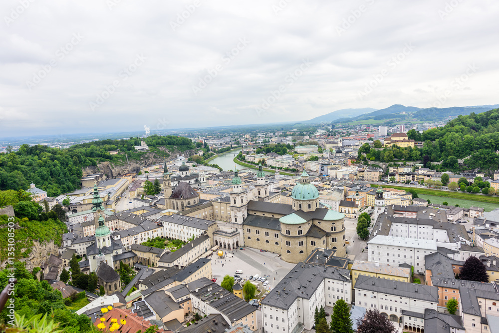 Salzburg Cathedral from the Hohensalzburg fortress. Historic center of the city, South facade, Austria