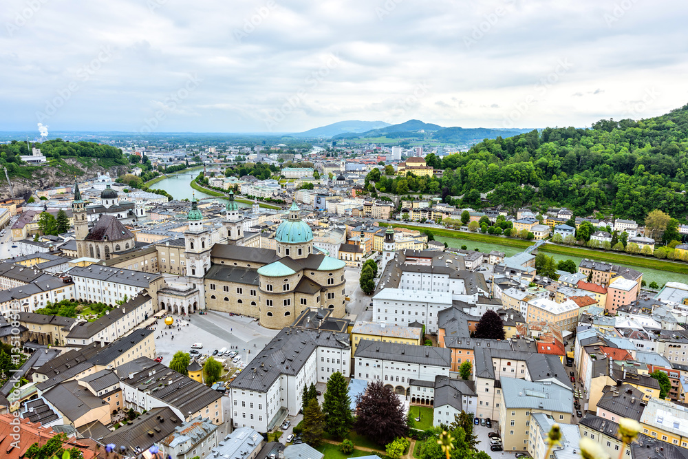 Salzburg Cathedral from the Hohensalzburg fortress. Historic center of the city, South facade, Austria