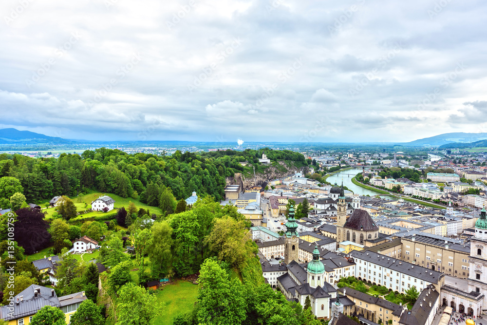 Salzburg city from the Hohensalzburg fortress. Green edge between the Historic center and nature, Austria