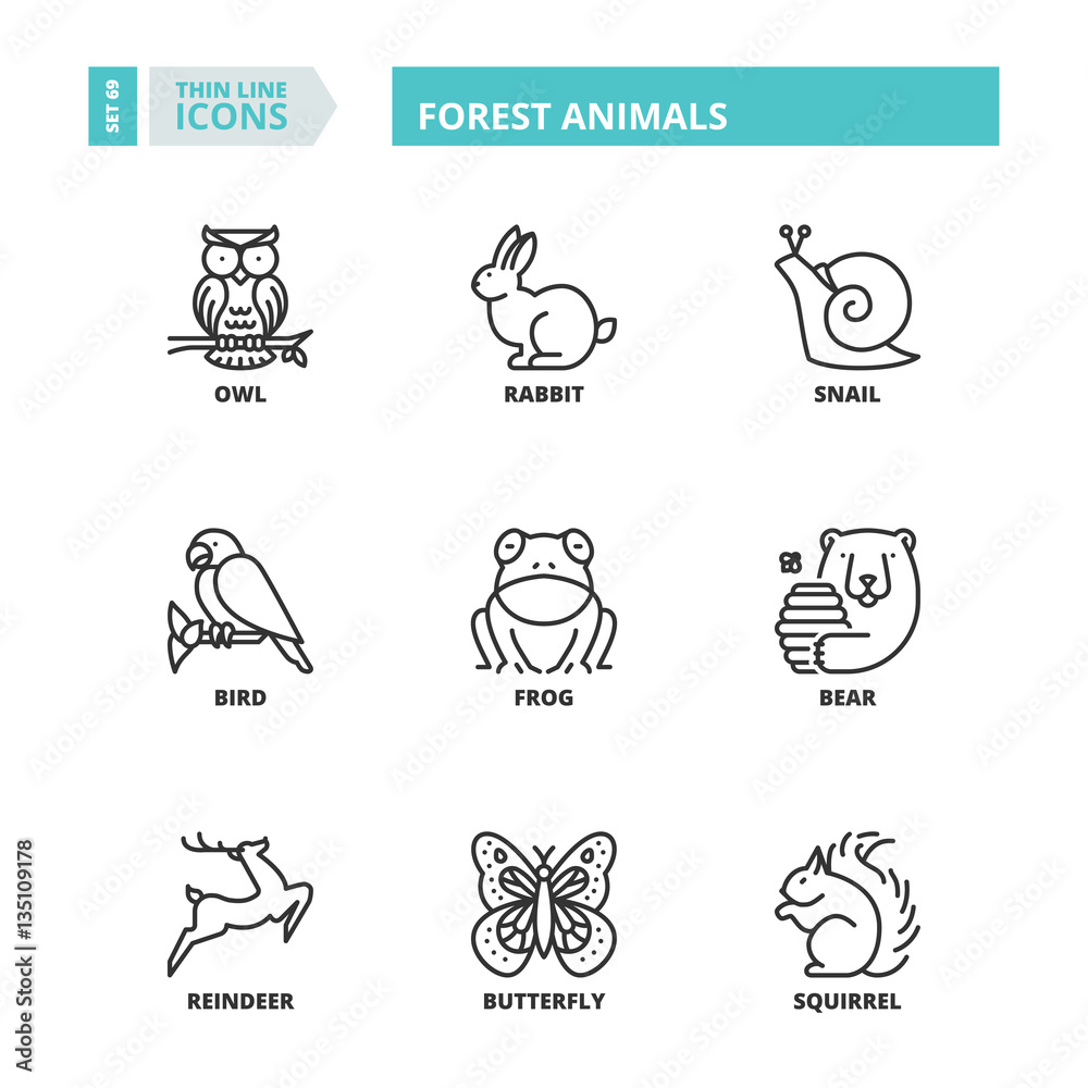Thin line icons. Forest animals