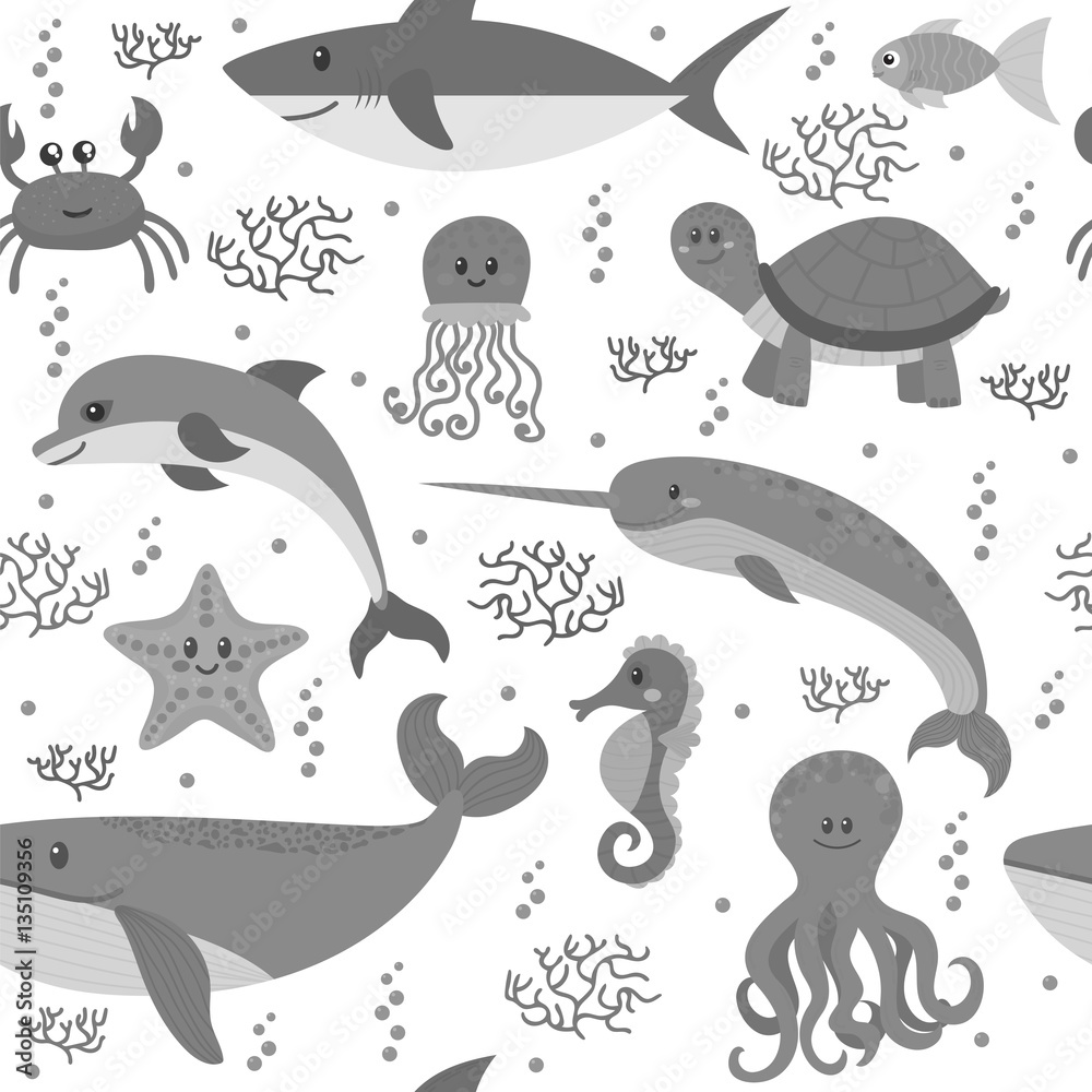 Seamless pattern with cartoon sea life animals. Underwater backg