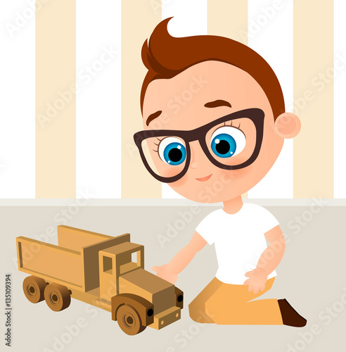 Boy with a radio-controlled car. Vector illustration of a flat design