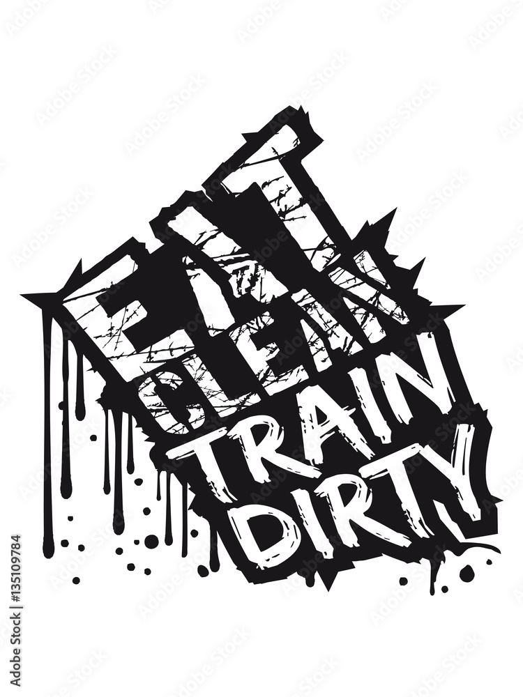 Fototapeta premium Drops cool scratch scratches stamp color text weight lifting clean eat muscles strong dumbbell weights train design clean train dirty logo