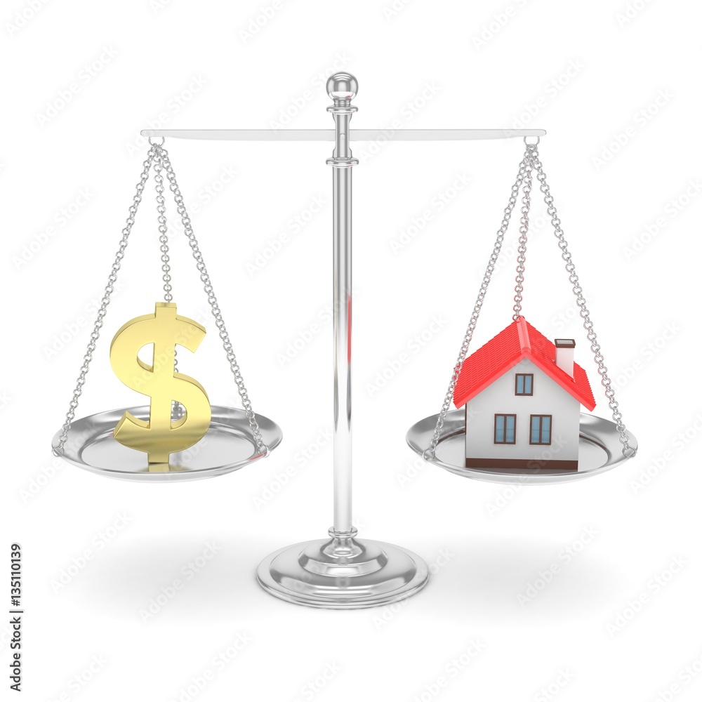 Isolated silver scales with golden dollar and house on white background. Investment or savings concept. Real estate and currency. 3D rendering. Isolated silver scales with golden dollar and house on white background. Investment or savings concept. Real estate and currency. 3D rendering.