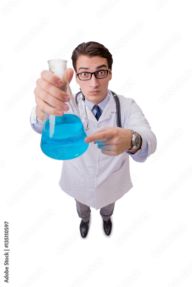 Funny doctor with blue liquid isolated on white Funny doctor with blue liquid isolated on white