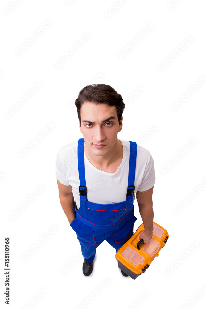 Funny repairman with tools isolated on white Funny repairman with tools isolated on white