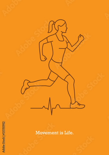 Vector illustration with running girl silhouette and heart pulse line. Motivational banner or poster creative design concept.