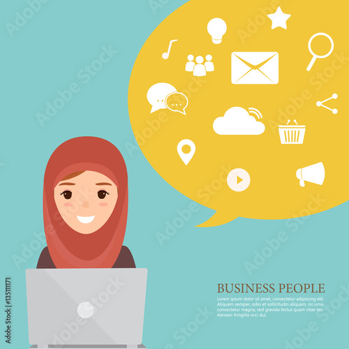 arab woman working with computer to communication infographic. vector people flat design. photo