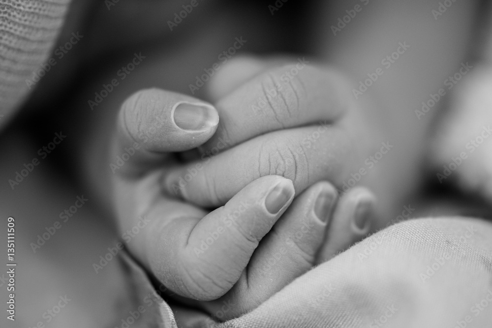 Newborn baby hands clasped together darkened skin from just being born slowly changing colour caucasian female daughter golden hour of life maternity photoshoot in black and white