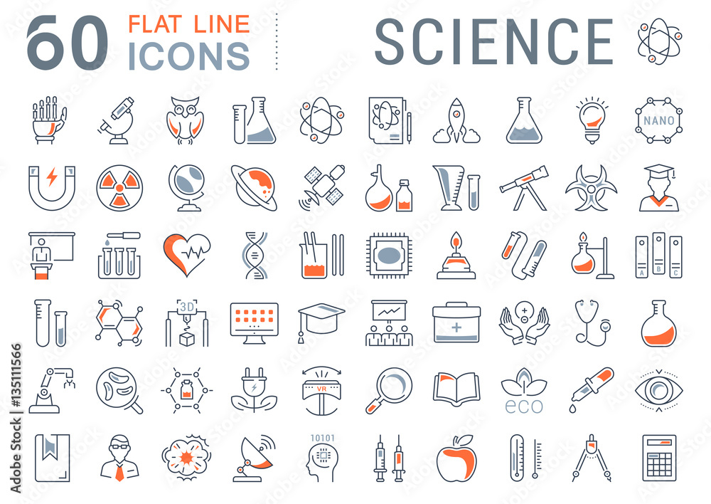 Set Vector Flat Line Icons Science - obrazy, fototapety, plakaty 