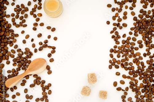 coffee beans on white table top view mock up