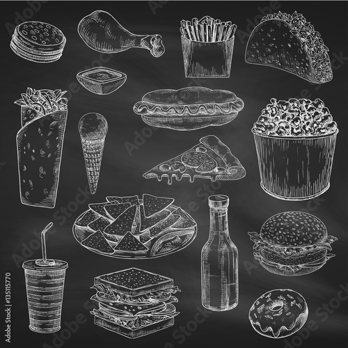 Chalk drawing of fast food on blackboard