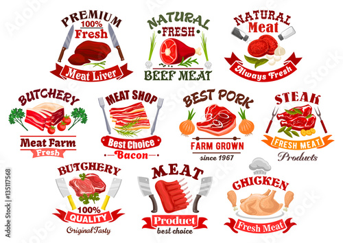 Pork meat and steak, bacon and chicken icons
