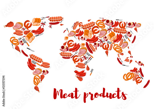 Meat and sausage products shaped as world map
