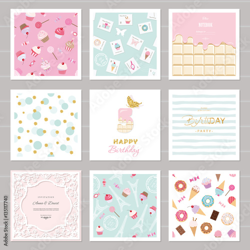 Cute card templates set for girls. Including frames, seamless patterns with sweets. birthday, wedding, baby shower design.