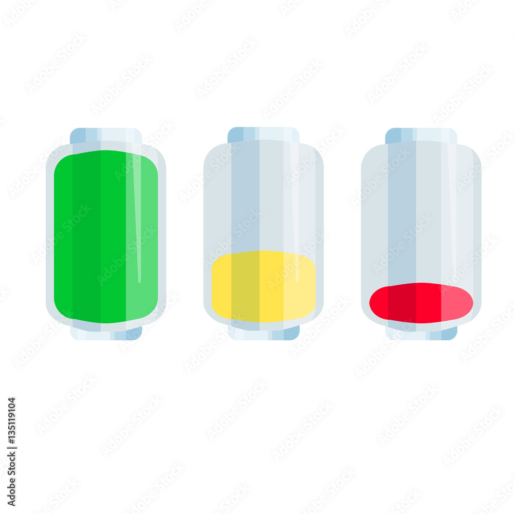 High, medium and low battery. Cartoon battery charge