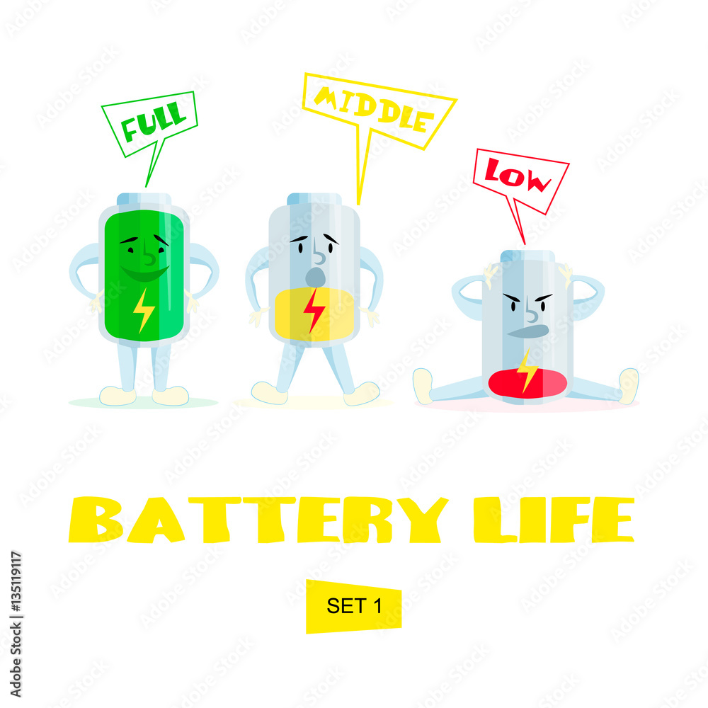High, medium and low battery. Cartoon battery charge. Comic characters High, medium and low battery. Cartoon battery charge. Comic characters