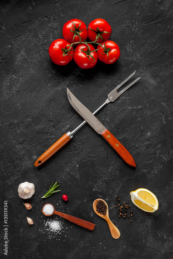 concept cook work on dark background top view mock up concept cook work on dark background top view mock up