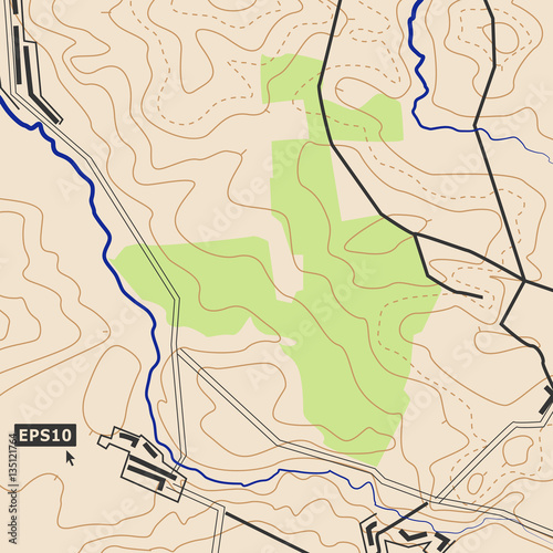 Topographic Map Background Concept With Roads, Forests, Settlements, Relief Contours. Cartography Vector Graphic In Colour.