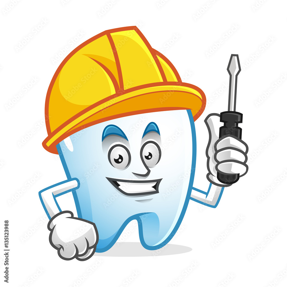 Worker tooth mascot wearing hard hat and holding screwdriver, tooth