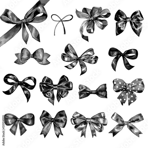 Watercolor bow big set. Different black bows and ribbons for holidays, greeting, celebration as Christmas, birthday, Valentines day, wedding.