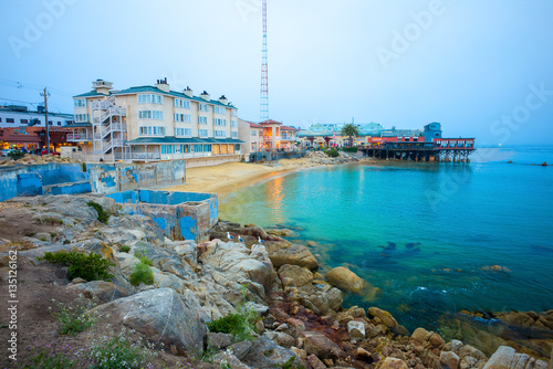 Beach & Building on Cannery Row in Monterey, California, USA