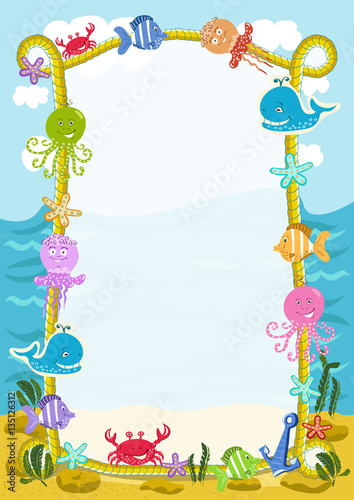 Sea frame with cartoon sea animals. Children's diploma. Sea life.