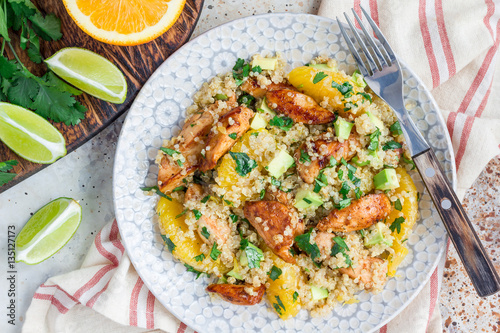 Quinoa, orange and chicken salad tabbouleh, horizontal, top view