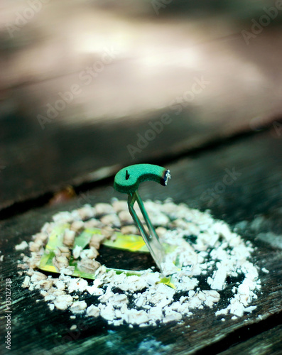 Mosquito coil burning on a campsite table to repel mosquitoes