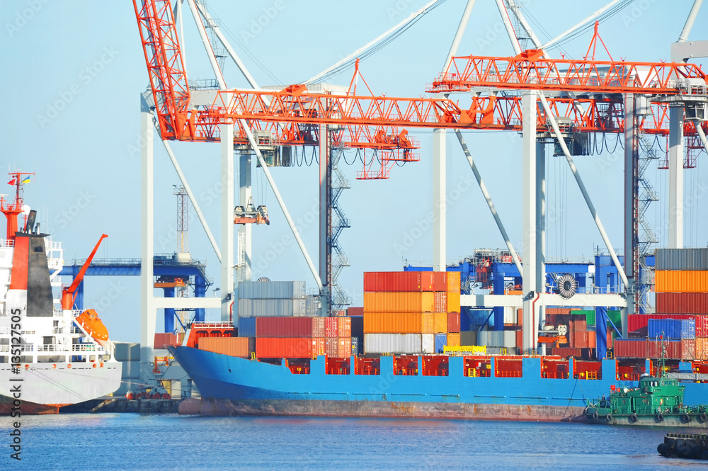 Fototapeta premium Port cargo crane, ship and container