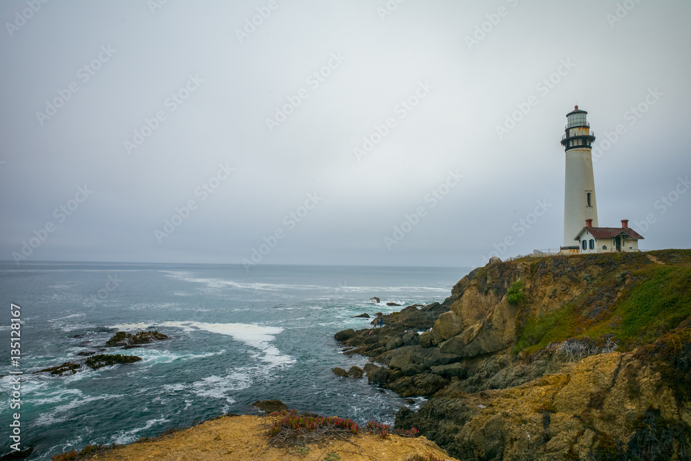 Halfmoon Bay, California.  Pigeon Point Lighthouse on a stormy day.