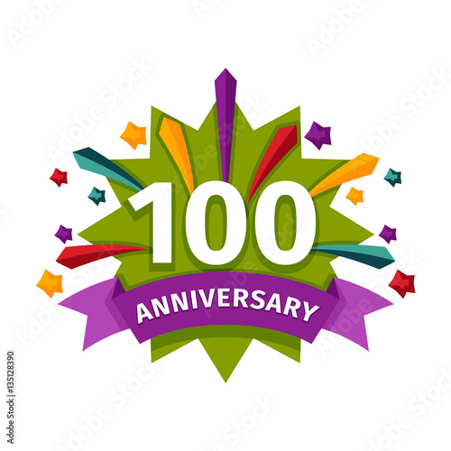 Happy one hundredth birthday badge vector icon.